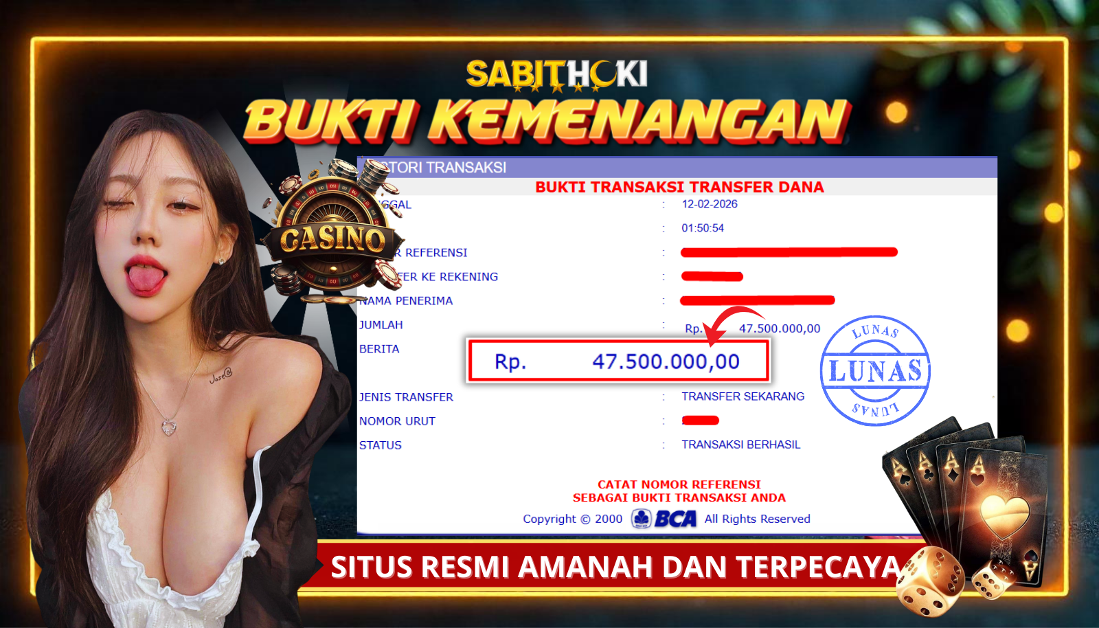 SELAMAT KEPADA MEMBER SETIA SABITHOKI BERHASIL JACKPOT DI PERMAINAN CASINO ( BACCARAT )